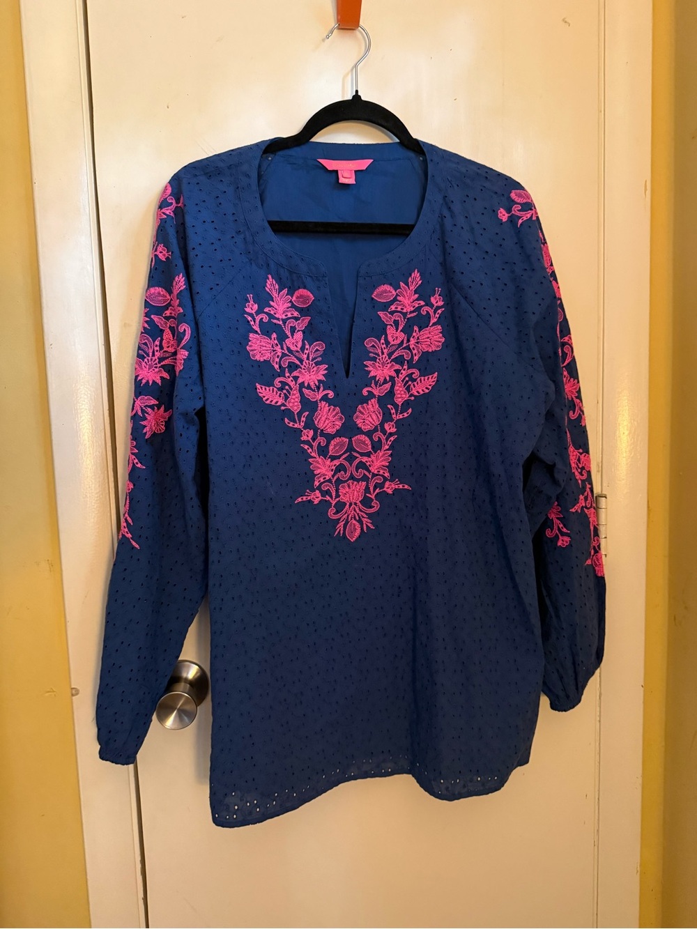 Lilly Pulitzer Navy Eyelet Tunic blouse with Pink Floral Embroidery